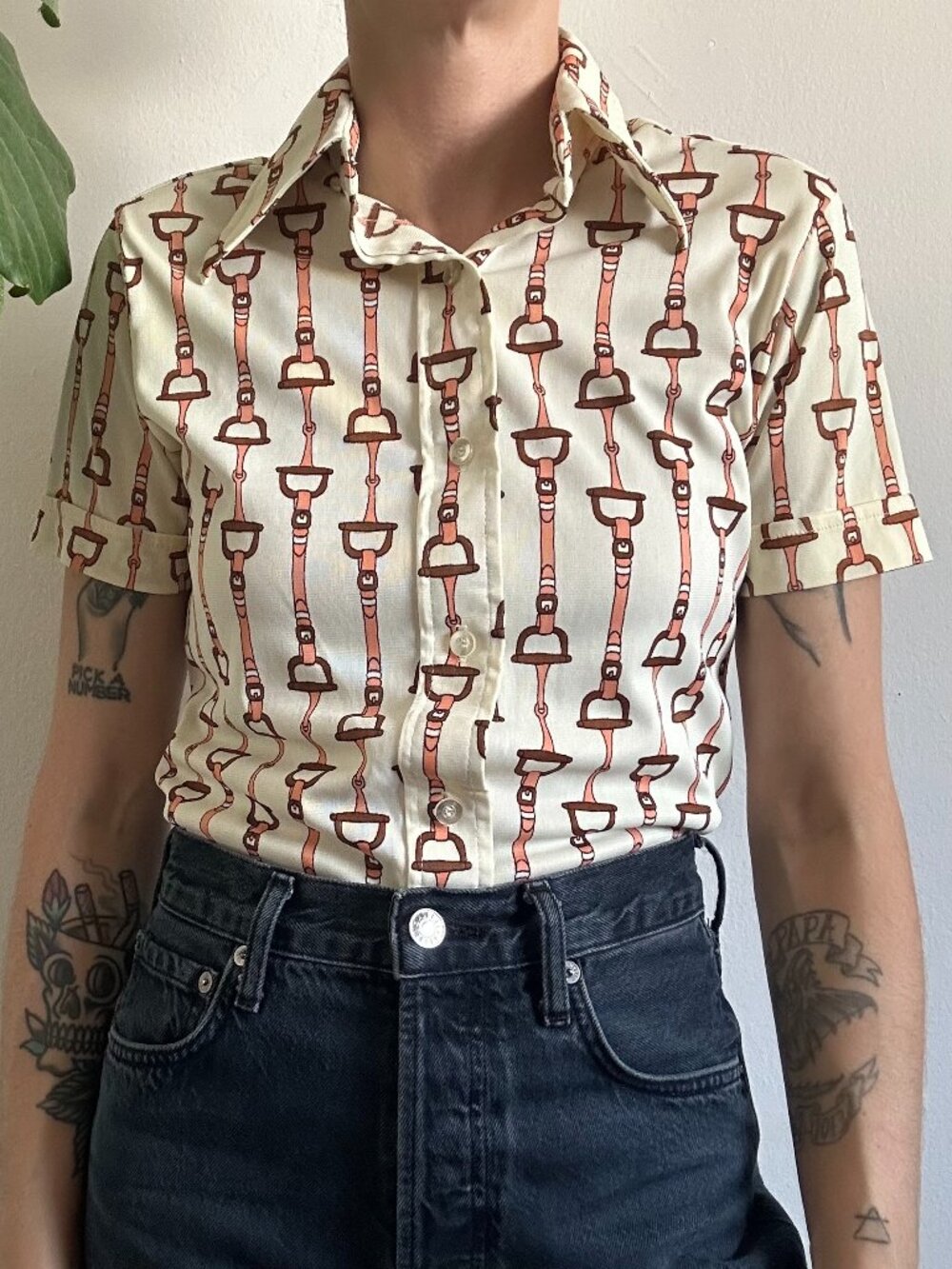 Vintage Cream Button-Up Shirt with Brown & Rust Harness Print